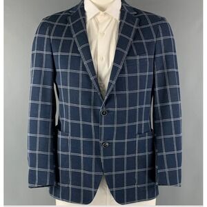 Size 46R Navy Windowpane Cotton Sport Coat Made in Canada Unstructured Blazer